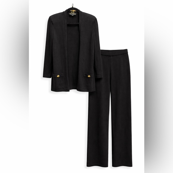 St. John Basics Black Santana Knit Jacket Pants Suit Set Size 6 Gold Buttons